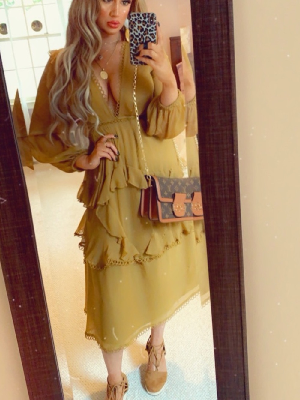 🌞 ASOS Mustard Ruffle Cutout Tiered Midi Dress with Lace Trim 🌞 - Picture 5 of 9